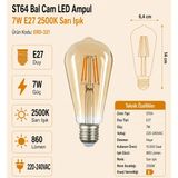 Heka ST64 Bal Cam LED Ampul 7W E27 2500K Sarı Işık ERD-321 - Tekli