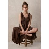 Helen Boheme Yazlık Elbise, Örgülü Bağlama Detaylı Askılı Midi%100 Müslin Günlük Elbise (Kahverengi, L/XL (40/42))
