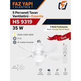 Helios Faz Yapı Elektrik Enerji HS9319 35W 5 Pervaneli Tavan Vantilatörü Kumandalı 3 Renk LED Aydınlatmalı Sessiz Dc Motor Beyaz