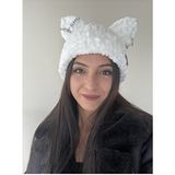 Hello Kitty Kedi Kulaklı Gri El Örgüsü Kışlık Bere Şapka Erkekler İçin Beyaz Renk - Standart