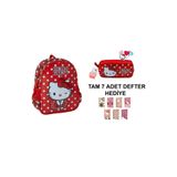 Hello Kitty Kırmızı Anaokulu Kız Çocuk Sırt Çantası ve Kalem Kutusu (7 adet defter hediye)