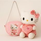 Hello Kitty Mor Peluş Oyuncak 35CM + Deri Çanta – Şık Hediye Seti - Pembe