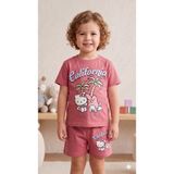 Hello Kitty ve My Melody Baskılı Kız Çocuk Pembe Şortlu Takım - California Temalı Pamuklu Yazlık Set - 4 - 5 Yaş - Gül Kurusu