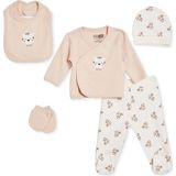 Hellobaby Erkek Bebek 5li Hastane Çıkışı Aslan Baskılı Çıtçıtlı Bisiklet Yaka Uzun Kol Patikli - Yenidoğan - Ekru