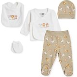 Hellobaby Erkek Bebek 5li Hastane Çıkışı Hayvan Baskılı Çıtçıtlı Bisiklet Yaka Uzun Kol Patikli - Yenidoğan - Ekru