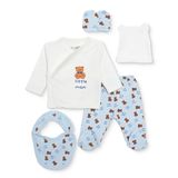 HelloBaby Erkek Bebek 5li Hastane Çıkışı Seti Ayı Baskılı Çıtçıtlı Zarf Yaka Uzun Kol Patikli - Ekru