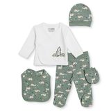 HelloBaby Erkek Bebek 5li Hastane Çıkışı Seti Dinozor Baskılı Çıtçıtlı Bisiklet Yaka Uzun Kol Patikli - Koyu Yeşil