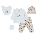 HelloBaby Erkek Bebek 5li Hastane Çıkışı Seti Hayvan Baskılı Çıtçıtlı Bisiklet Yaka Long Sleeve Patikli - Ekru