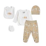 HelloBaby Erkek Bebek 5li Hastane Çıkışı Seti Hayvan Baskılı Çıtçıtlı Bisiklet Yaka Uzun Kol Patikli - Ekru