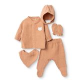 HelloBaby Erkek Bebek 5li Hastane Çıkışı Seti Hayvan Baskılı Çıtçıtlı Bisiklet Yaka Uzun Kol Patikli - Kahverengi