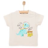 HelloBaby Erkek Bebek Basic Tişört Astro Dinozor Desenli Bisiklet Yaka Kısa Kol Bej -