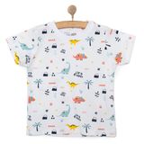 HelloBaby Erkek Bebek Basic Tişört Dinozor Desenli Bisiklet Yaka Kısa Kol Beyaz 6 Ay -