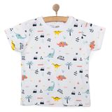 HelloBaby Erkek Bebek Basic Tişört Dinozor Desenli Bisiklet Yaka Kısa Kol Beyaz -