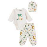 HelloBaby Erkek Bebek Body-Alt-Şapka Hayvan Baskılı Çıtçıtlı Bisiklet Yaka Long Sleeve Patikli - Ekru