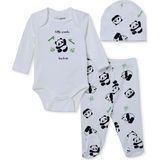 Hellobaby Erkek Bebek Body-Alt-Şapka Panda Baskılı Çıtçıtlı Bisiklet Yaka Long Sleeve Patikli - 6 - 9 Ay - Ekru