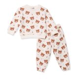 HelloBaby Erkek Bebek Eşofman Takımı Ayı Baskılı Bağcıklı Bisiklet Yaka Long Sleeve Ribanalı - Ekru