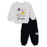 HelloBaby Erkek Bebek Eşofman Takımı Ayı Baskılı Bisiklet Yaka Long Sleeve Ribanalı - Ekru
