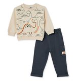 HelloBaby Erkek Bebek Eşofman Takımı Dinozor Baskılı Bağcıklı Bisiklet Yaka Long Sleeve Lastikli - Ekru
