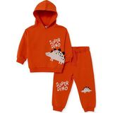 Hellobaby Erkek Bebek Eşofman Takımı Dinozor Baskılı Bağcıklı Kapüşonlu Long Sleeve Lastikli - Turuncu - 12 - 18 Ay