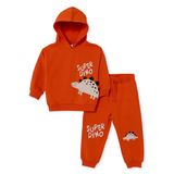 HelloBaby Erkek Bebek Eşofman Takımı Dinozor Baskılı Bağcıklı Kapüşonlu Long Sleeve Lastikli - Turuncu