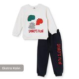 HelloBaby Erkek Bebek Eşofman Takımı Dinozor Baskılı Bisiklet Yaka Long Sleeve Ribanalı - Ekru