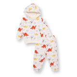 HelloBaby Erkek Bebek Eşofman Takımı Dinozor Baskılı Kapüşonlu Uzun Kol Lastikli - Ekru