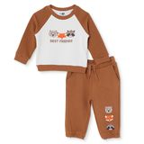 HelloBaby Erkek Bebek Eşofman Takımı Hayvan Baskılı Bağcıklı Bisiklet Yaka Long Sleeve Lastikli - Açık Kahverengi