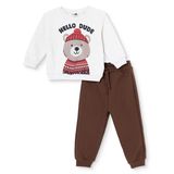 HelloBaby Erkek Bebek Eşofman Takımı Hayvan Baskılı Bisiklet Yaka Long Sleeve Ribanalı - Beige Melange