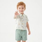 Hellobaby Erkek Bebek Gömlek-Şort Palmiye Baskılı Gömlek Yaka Kısa Kol Reçme - 9 - 12 Ay - Ekru Çizgili