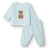 HelloBaby Erkek Bebek Kadife Pijama Takımı Ayı Baskılı Bisiklet Yaka Uzun Kol Ribanalı - Mavi