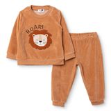 HelloBaby Erkek Bebek Kadife Pijama Takımı Hayvan Baskılı Çıtçıtlı Bisiklet Yaka Long Sleeve Ribanalı - Bej