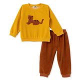 HelloBaby Erkek Bebek Kadife Pijama Takımı Hayvan Baskılı Çıtçıtlı Bisiklet Yaka Long Sleeve Ribanalı - Hardal