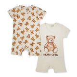 HelloBaby Erkek Bebek Kısa Tulum Hayvan Baskılı Çıtçıtlı Yaka Kol Reçme - Bej