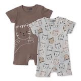 HelloBaby Erkek Bebek Kısa Tulum Hayvan Baskılı Çıtçıtlı Yaka Kol Reçme - Kahverengi