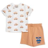 HelloBaby Erkek Bebek Pijama Takımı Araba Baskılı Bisiklet Yaka Short Sleeve Reçme - Ekru