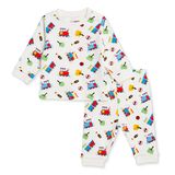 HelloBaby Erkek Bebek Pijama Takımı Taşıtlar Baskılı Çıtçıtlı Bisiklet Yaka Long Sleeve Ribanalı - Ekru