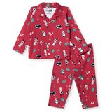 HelloBaby Erkek Bebek Pijama Takımı Yeniyıl Baskılı Düğmeli Bebe Yaka Long Sleeve Reçme - Kırmızı
