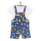 HelloBaby Erkek Bebek Salopet-Tişört Bisiklet Yaka Kısa Kol Reçme - Mavi