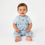 HelloBaby Erkek Bebek Salopet-Tişört Dinozor Baskılı Düğmeli Bisiklet Yaka Short Sleeve Patiksiz - Mavi