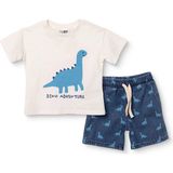 Hellobaby Erkek Bebek Tişört-Şort Dinozor Baskılı Bağcıklı Bisiklet Yaka Kısa Kol Reçme - 9 - 12 Ay - Ekru