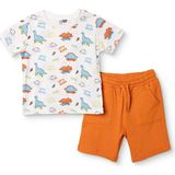 Hellobaby Erkek Bebek Tişört-Şort Dinozor Baskılı Bağcıklı Bisiklet Yaka Short Sleeve Reçme - 6 - 9 Ay - Beyaz Gökkuşağı