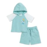 HelloBaby Erkek Bebek Tişört-Şort Kaplan Baskılı Kapüşonlu Kısa Kol Reçme - Mavi