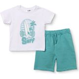 Hellobaby Erkek Bebek Tişört-Şort Palmiye Baskılı Bağcıklı Bisiklet Yaka Short Sleeve Reçme - 6 - 9 Ay - Ekru