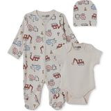 Hellobaby Erkek Bebek Tulum-Body-Şapka Iş Makinası Baskılı Çıtçıtlı Bisiklet Yaka Uzun Kol Patikli - Bej - 1 - 3 Ay