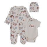 HelloBaby Erkek Bebek Tulum-Body-Şapka İş Makinası Baskılı Çıtçıtlı Bisiklet Yaka Uzun Kol Patikli - Bej