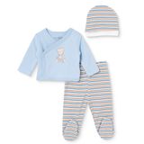 HelloBaby Erkek Bebek Zıbın-Şapka-Alt Ayı Baskılı Çıtçıtlı V Yaka Uzun Kol Patikli - Mavi