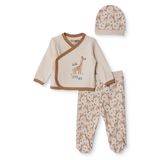 HelloBaby Erkek Bebek Zıbın-Şapka-Alt Hayvan Baskılı Çıtçıtlı V Yaka Long Sleeve Patikli - Bej