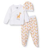 HelloBaby Erkek Bebek Zıbın-Şapka-Alt Hayvan Baskılı Çıtçıtlı V Yaka Long Sleeve Patikli - Ekru