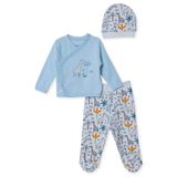 HelloBaby Erkek Bebek Zıbın-Şapka-Alt Hayvan Baskılı Çıtçıtlı V Yaka Long Sleeve Patikli - Mavi