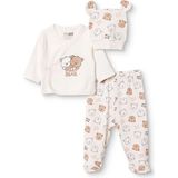 Hellobaby Erkek Bebek Zıbın-Şapka-Alt Hayvan Baskılı Çıtçıtlı V Yaka Uzun Kol Patikli - 1 - 3 Ay - Ekru